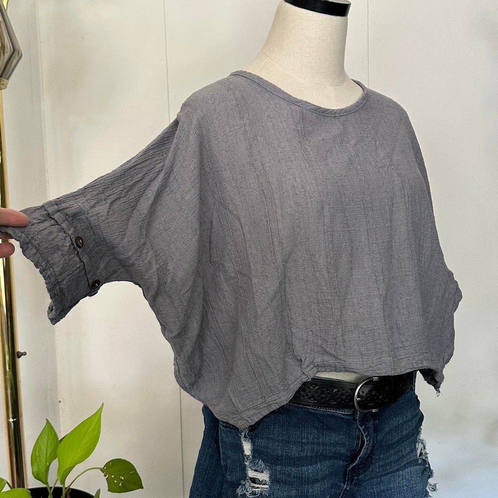 Spirithouse Grey Cotton Crinkle Cropped Top Button Sleeve Boho Small